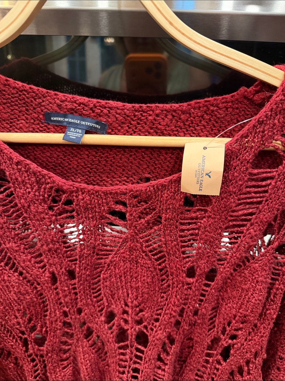 American Eagle Outfitters Open-Knit Crewneck Sweater - Burgundy - Picture 4 of 5